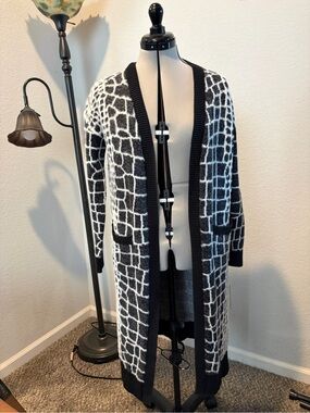 One Grey Day Long Open-Front Black & White Grid Cardigan Sweater